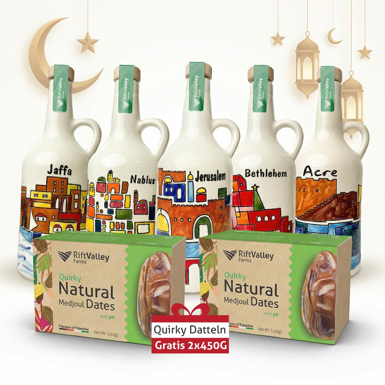 🏺 Handgemachte Keramikflasche aus Hebron + 2x 450g Quirky Medjool Datteln GRATIS